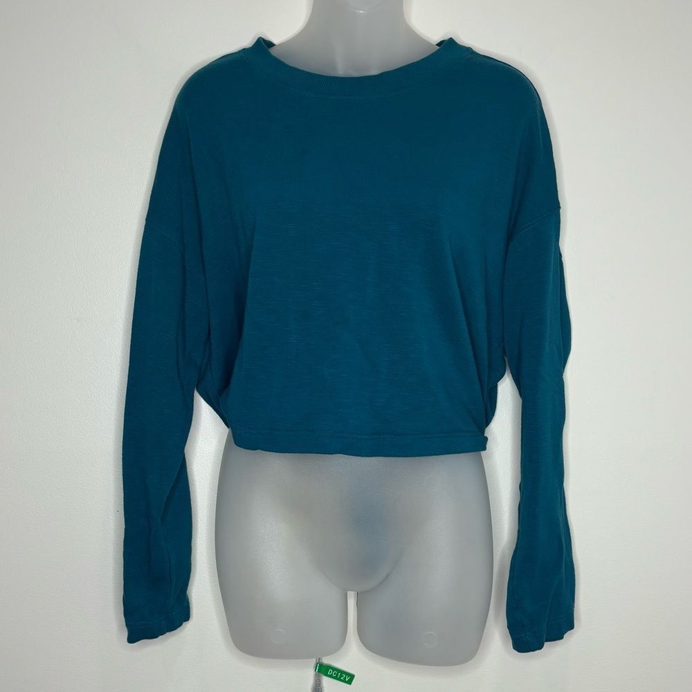 Fabletics Teal tie back open back long sleeve crewneck sweatshirt small gym blue